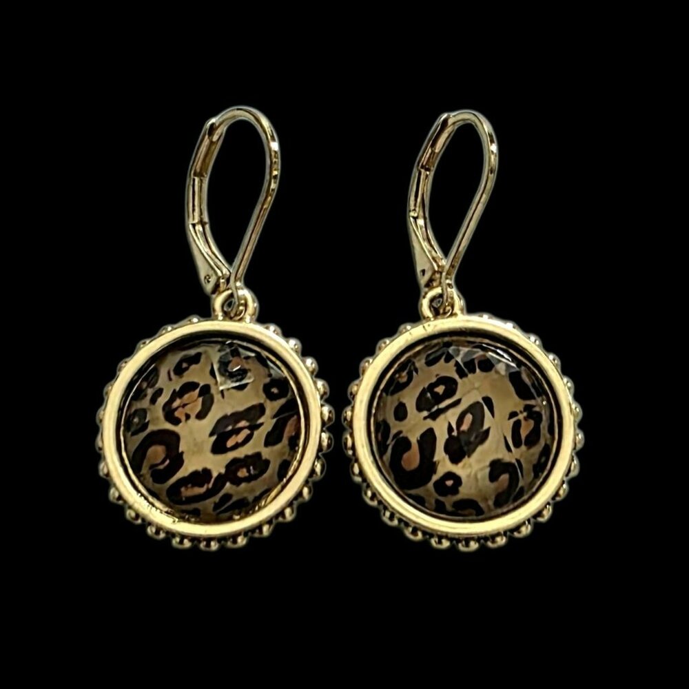 Napier Leopard Print Leverback Earrings Beaded Gold-Tone Pierced Dangle Jewelry